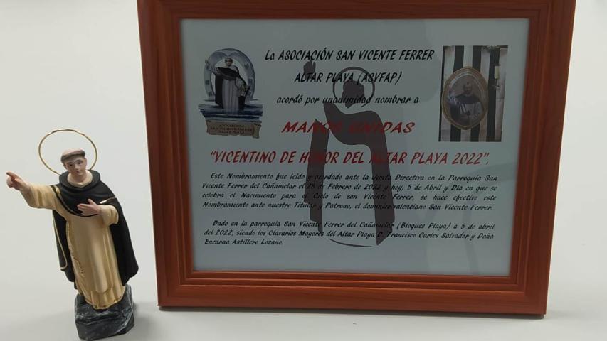 Detalle del reconocimiento entregado a Manos Unidas Valencia.