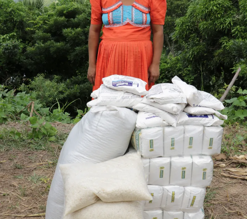 Mujer con sacos de arroz, Guatemala