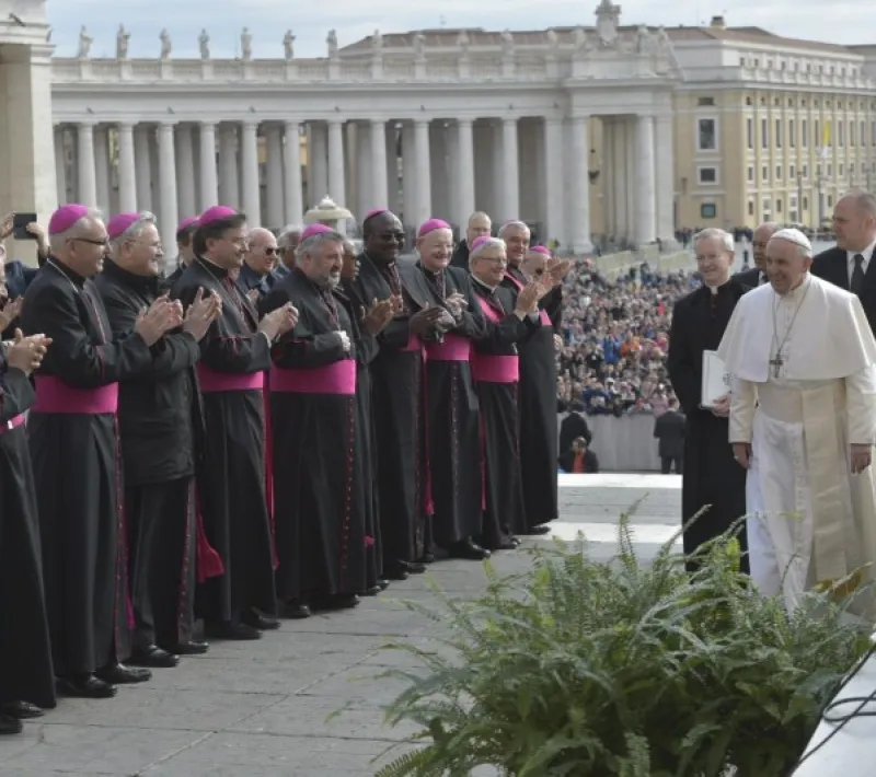 D. Carlos Escribano, obispo consiliario de Manos Unidas, entre los obispos que reciben al Papa. Foto: Foto: Vatican News