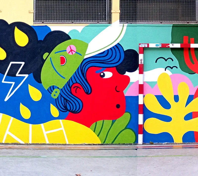 Mural completo del Instituto Santa Eulàlia (Imagen: Isa Bolita y Jorge Peligro)