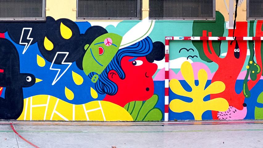 Mural completo del Instituto Santa Eulàlia (Imagen: Isa Bolita y Jorge Peligro)