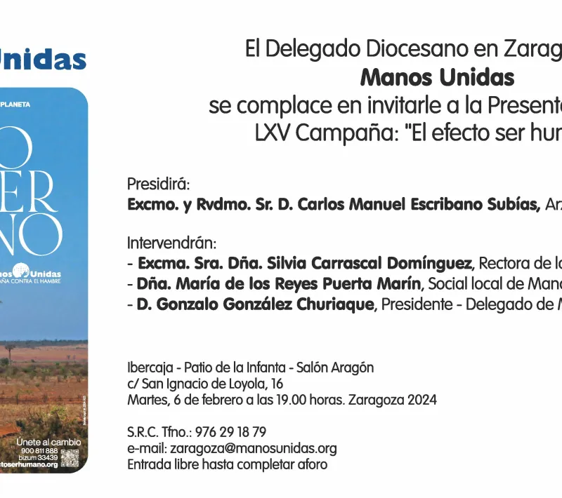 Invitación al Acto de Presentación de Campaña de Manos Unidas en Zaragoza