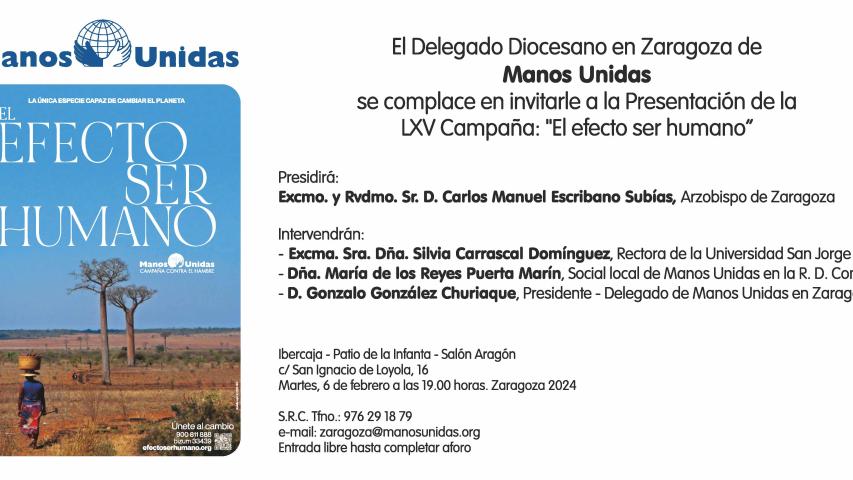 Invitación al Acto de Presentación de Campaña de Manos Unidas en Zaragoza
